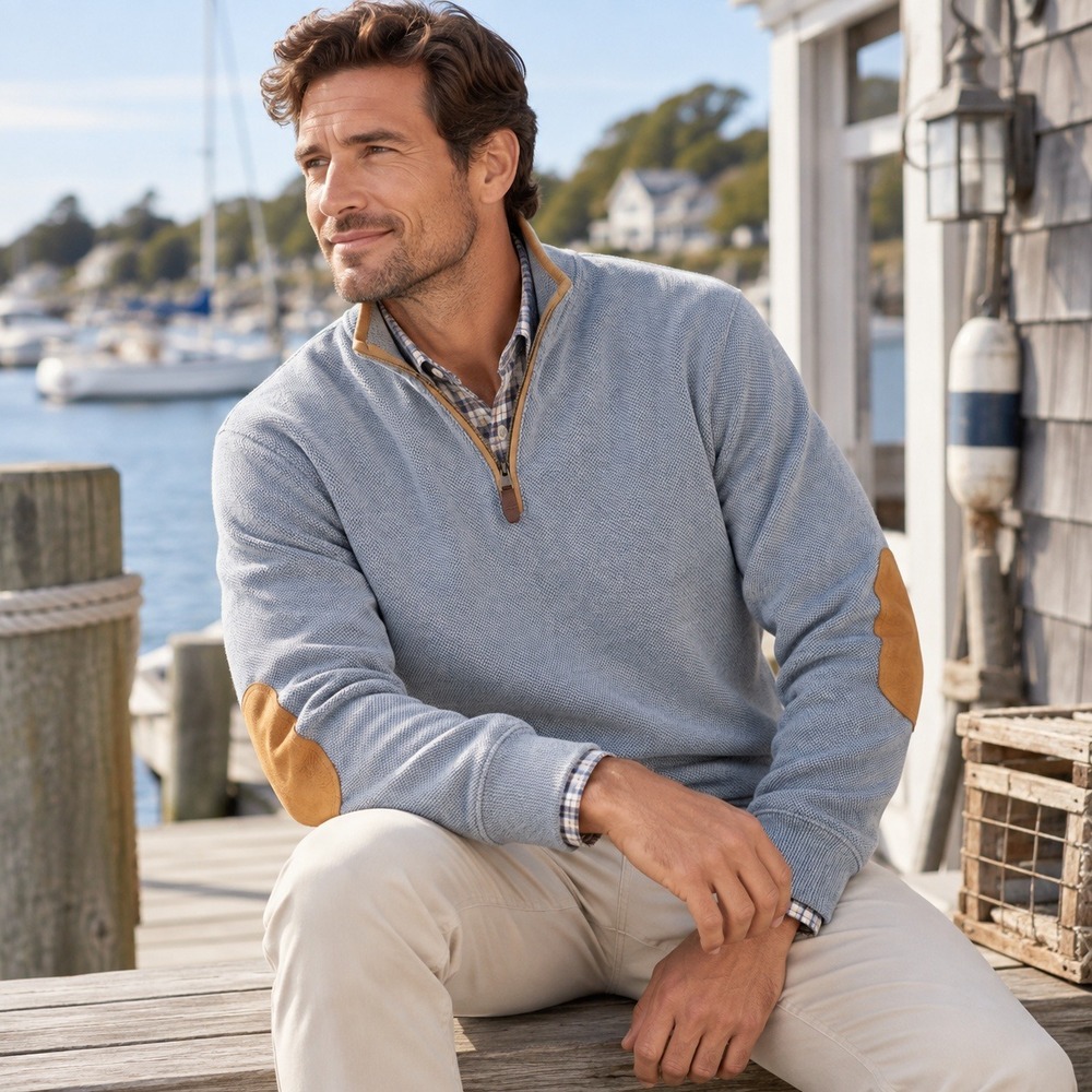Orvis Quarter Zip Sweater Leather Elbow Patch Heritage Outdoorsman Blue Mens L